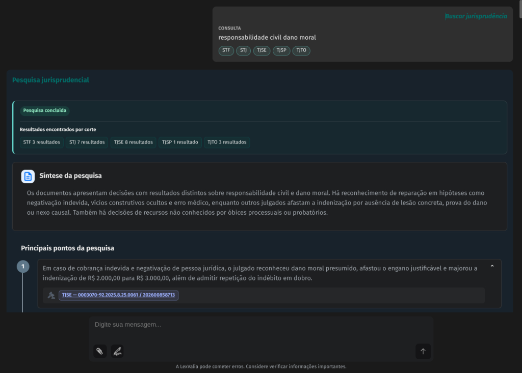 Tela com a síntese dos resultados de uma pesquisa jurisprudencial
