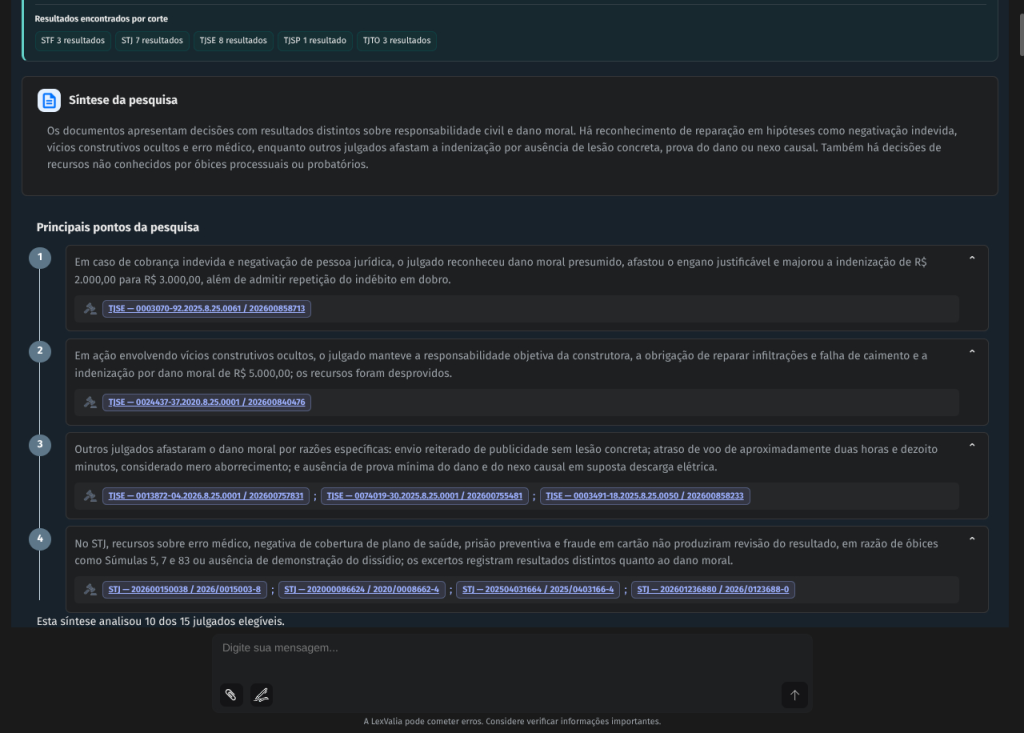 Tela com decisões encontradas em uma pesquisa jurisprudencial